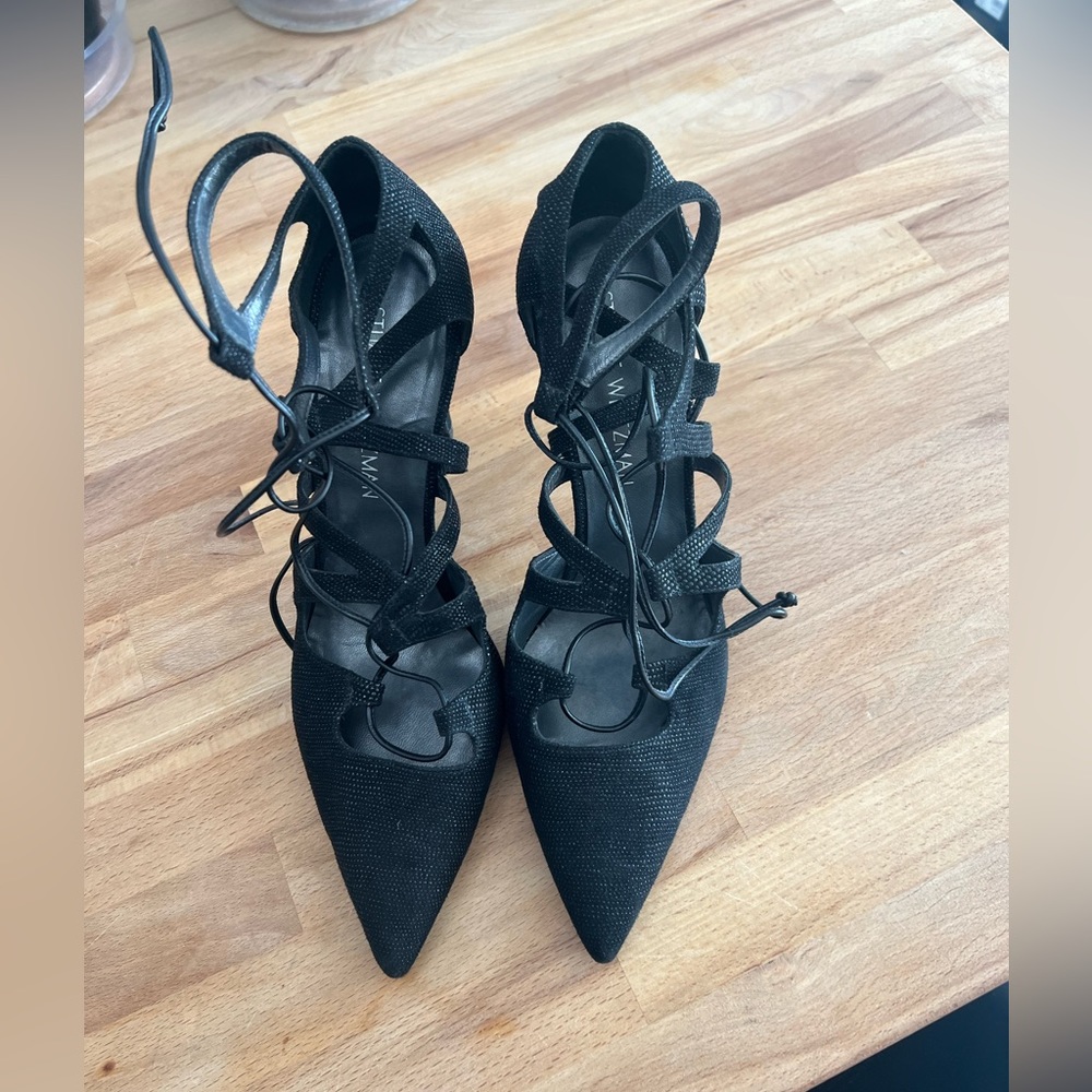 Stuart Weitzman Black Lace-Up Heels
